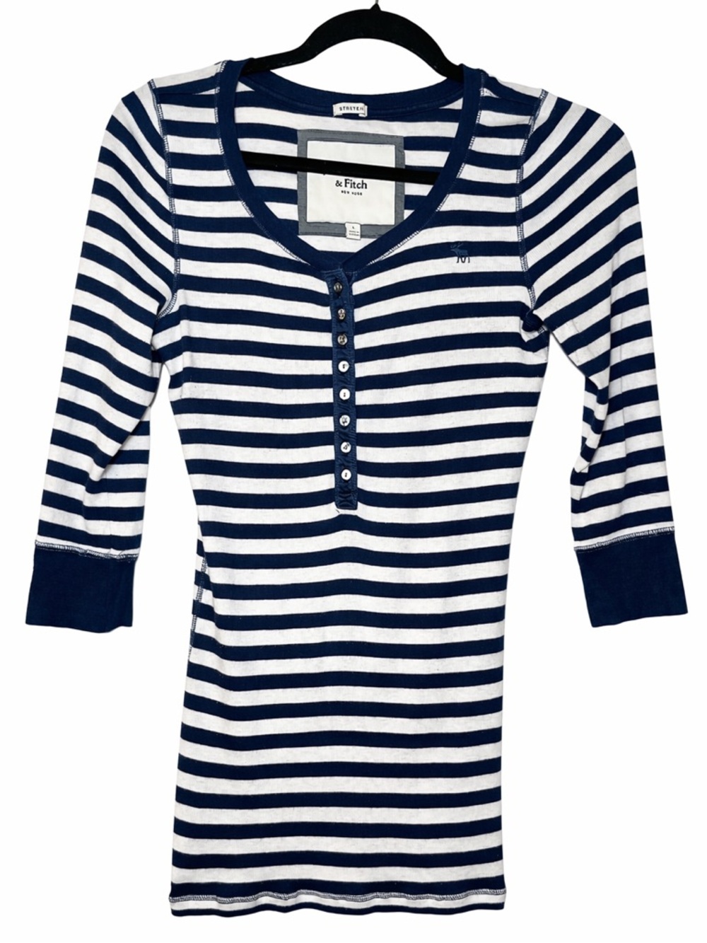 Y2K Vintage Abercrombie & Fitch Women’s Blue & White Striped Henley Size Large - Picture 2 of 16